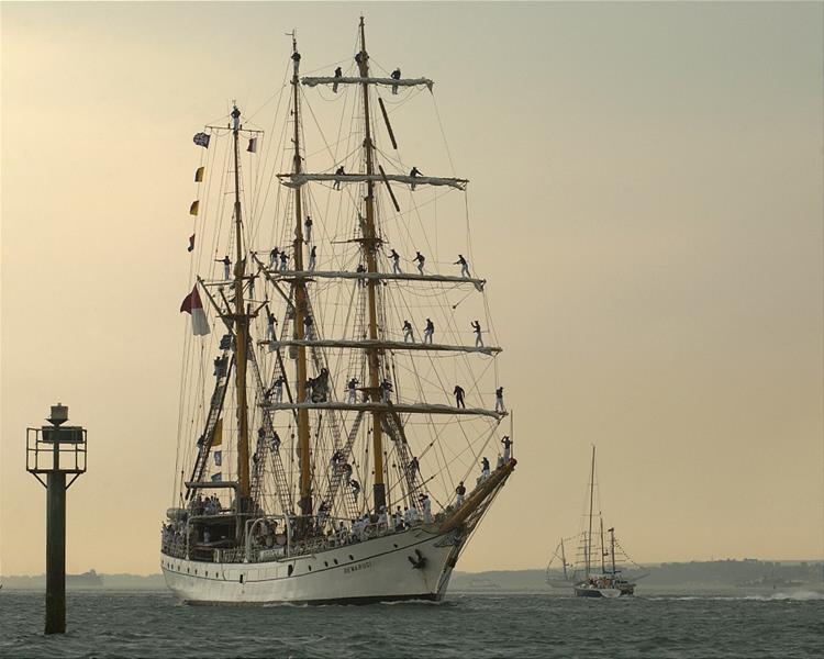 INDONESIAN TALL SHIP, KRI DEWARUCI ARRIVES IN PORTSMOUTH TO TAKE PART IN THE INTERNATIONAL FLEET REVIEW AND INTERNATIONAL FESTIVAL OF THE SEA 2005.
In this Trafalgar bicentennial year, the Royal Navy will be at the heart of the SeaBritain 2005 programme and will be marking the occasion with a series of major public events in June/July and October. The programme is entitled 'Trafalgar 200 Past Glories - Future Horizons'
The summer events in Portsmouth begin with the International Fleet Review in the Solent on 28th June. Some 35 nations will be in attendance, representing every continent.  This will be the largest international gathering of vessels to be reviewed by Her Majesty the Queen and will include warships, tall ships, merchant ships and yachts - over 160 vessels in total.  Her Majesty the Queen, The Lord High Admiral, will be reviewing The Fleet from HMS ENDURANCE and witnessing a steam past and sail past of 300 warships, tall ships and private yachts.  There will also be a contemporary element of informality to this event given by the focus on youth.  Over the period of the review around 3000 young people will have been afloat. In the evening there will be a Son et Lumière illustration of an early 19th century sea battle with state of the art lighting, pyrotechnics and sound effects, with big screen displays on land.  This memorable and historic evening will finish with a spectacular fireworks display and lighting up of the Fleet.  On the following day an International Drumhead Ceremony on Southsea Common will provide a more reflective occasion during which veterans of all maritime conflicts will commemorate the personal sacrifice of war.  These events will all receive extensive TV and radio coverage. 
The summer events will conclude with one of the largest outdoor events in Europe, a spectacular 4 day International Festival of the Sea in Portsmouth Naval Base, where ships from the International Fleet Review will be open to the public and hundreds of classic and working boats will be on view.  Open from 10AM to10 PM, from 30 June to 3 July, the emp